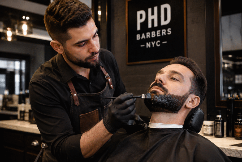 professional beard dye application at NYC barbershop