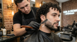 Master barber finishing a Men's curly haircut NYC with razor beard line-up