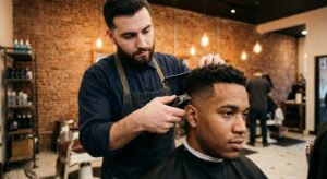 Barber blending a low taper haircut on a male client in an East Village barbershop