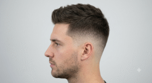 lose-up of a well-blended fade haircut showing the gradual transition from short to long hair.