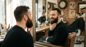 ): Male client admiring his freshly dyed beard in the mirror at an East Village NYC barbershop.