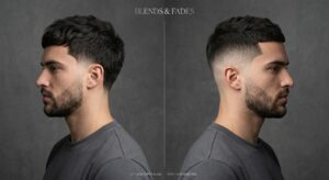Barber blending a low taper haircut on a male client in an East Village barbershop